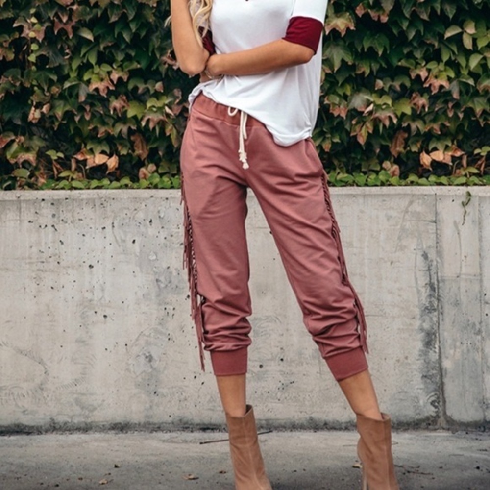 Kittenish luxe lounge fringed drawstring joggers in blush size S